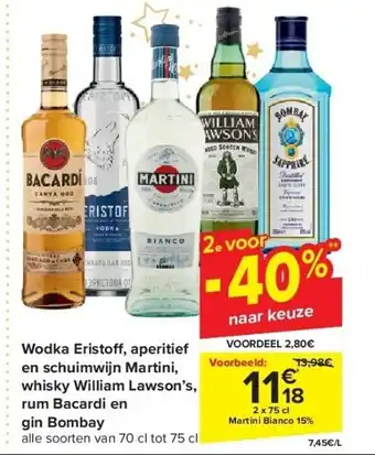 Carrefour Wodka eristo , aperitief en schuimwijn martini, whisky william lawson’s, rum bacardi en gin bombay aanbieding