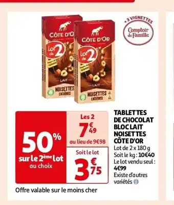 Auchan Tablettes de chocolat bloc lait noisettes côte d'or aanbieding