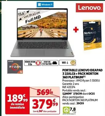 Portable lenovo ideapad 3 15alc6 + pack norton 360 platinum(