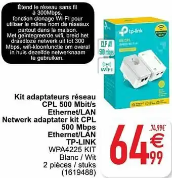 Cora Kit adaptateurs réseau cpl 500 mbit-s ethernet-lan netwerk adaptater kit cpl 500 mbps ethernet-lan tp-link wpa4225 kit aanbieding