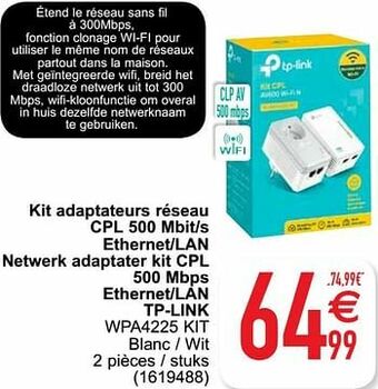 Cora Kit adaptateurs réseau cpl 500 mbit-s ethernet-lan netwerk adaptater kit cpl 500 mbps ethernet-lan tp-link wpa4225 kit aanbieding
