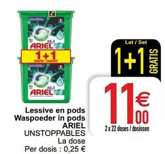 Cora Lessive en pods waspoeder in pods ariel unstoppables aanbieding