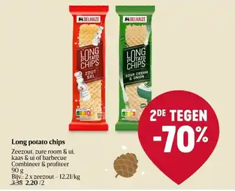 Delhaize Long potato chips Zeezout, zure room & ui, kaas & ui of barbecue aanbieding
