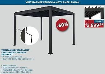 Zelfbouwmarkt Vrijstaande pergola met lamellendak solimar antraciet aanbieding