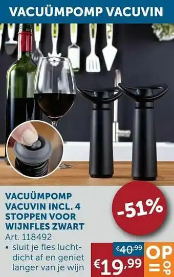 Vacuümpomp vacuvin incl. 4 stoppen voor wijnfles zwart