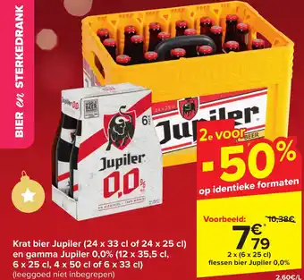 Carrefour Market Krat bier Jupiler (24 x 33 cl of 24 x 25 cl) en gamma Jupiler 0,0% (12 x 35,5 cl, 6 x 25 cl, 4 x 50 cl of 6 x 33 cl) aanbieding