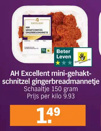 Albert Heijn AH Excellent mini-gehakt-schnitzel gingerbreadmannetje Schaaltje 150 gram aanbieding
