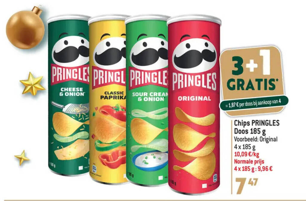 Chips PRINGLES Doos 185 g 3+1 GRATIS promotie bij Louis Delhaize