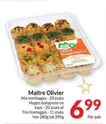 Intermarché Maître Olivier Mix minihapjes 20 stuks Hapjes bolognese en kaas 20 stuks of Trio fromaggio 11 stuks Van 240g tot 290g aanbieding