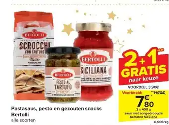 Pastasaus, pesto en gezouten snacks bertolli