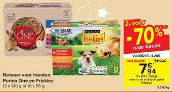Carrefour Natvoer voor honden purina one en friskies aanbieding