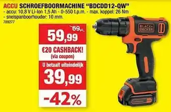 Hubo Black + decker accu schroefboormachine bdcdd12-qw aanbieding