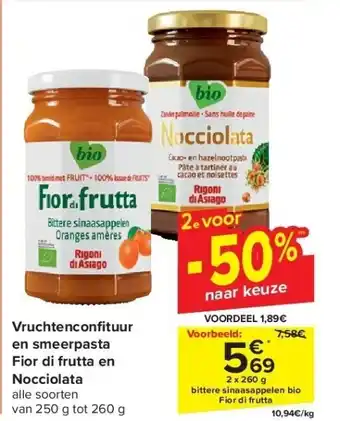 Carrefour Vruchtenconfi tuur en smeerpasta fior di frutta en nocciolata aanbieding