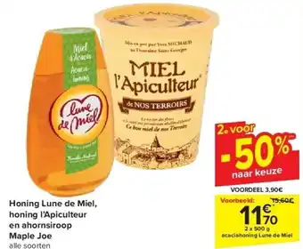 Honing lune de miel, honing l’apiculteur en ahornsiroop maple joe