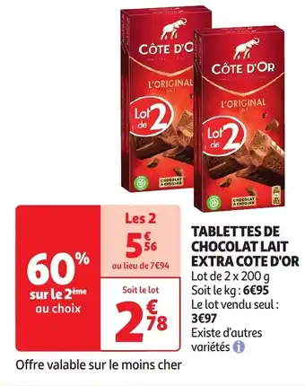Auchan TABLETTES DE CHOCOLAT LAIT EXTRA COTE D'OR 2 x 200 g aanbieding