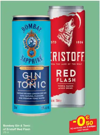 Carrefour Bombay Gin & Tonic of Eristoff Red Flash 25 cl aanbieding
