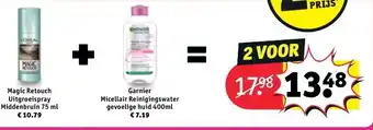 Kruidvat Magic Retouch Uitgroeispray Middenbruin 75 ml + Garnier Micellair Reinigingswater gevoelige huid 400ml aanbieding