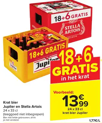 Carrefour Market Krat bier Jupiler en Stella Artois 24 x 33 cl aanbieding