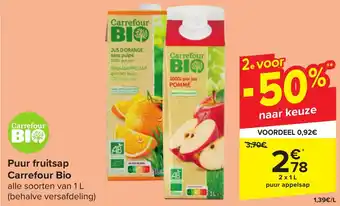 Carrefour Market Puur fruitsap Carrefour Bio 2 x 1L aanbieding