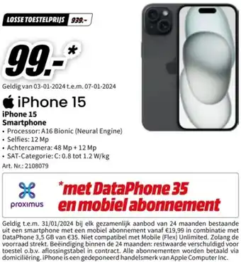 MediaMarkt Geldig van 03-01-2024 t.e.m. 07-01-2024 iphone 15 aanbieding