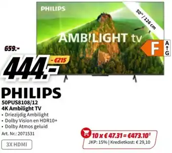 MediaMarkt 50pus8108/12 4k ambilight tv . driezijdig ambilight • dolby vision en hdr10+ aanbieding