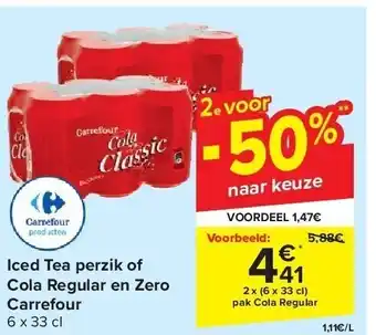 Carrefour Iced tea perzik of cola regular en zero carrefour aanbieding
