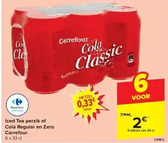 Carrefour Iced tea perzik of cola regular en zero carrefour aanbieding