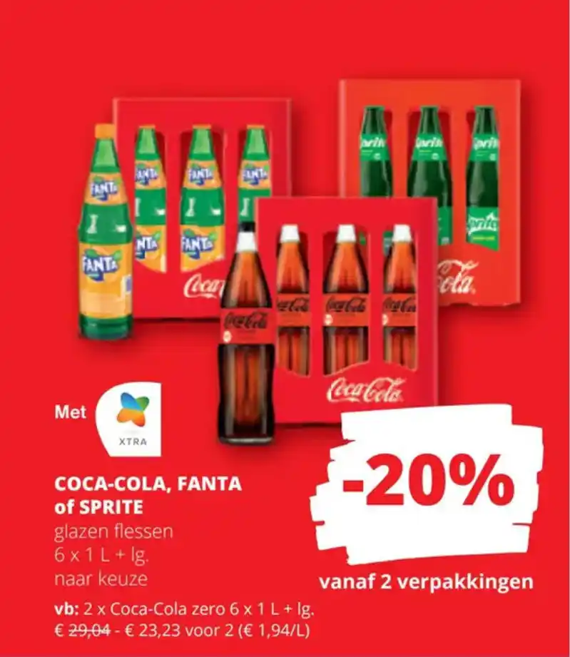 COCA COLA FANTA of SPRITE glazen flessen 6x1L naar keuze promotie bij Spar Colruyt