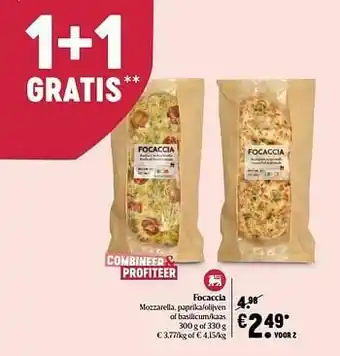 Delhaize Focaccia mozzarella, paprika-olijven of basilicum-kaas aanbieding