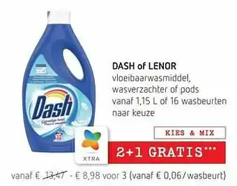 Spar Colruyt Dash of lenor vloeibaarwasmiddel, wasverzachter of pods aanbieding