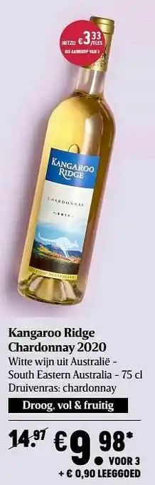 Delhaize Kangaroo ridge chardonnay 2020 witte wijn uit australië - south eastern australia aanbieding