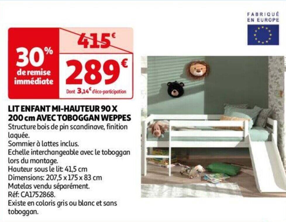 LIT ENFANT MIHAUTEUR 90 X 200 cm AVEC TOBOGGAN WEPPES promotie bij Auchan