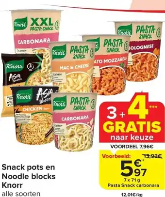 Carrefour Snack pots en noodle blocks knorr aanbieding