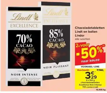 Carrefour Chocoladetabletten lindt en bollen lindor aanbieding