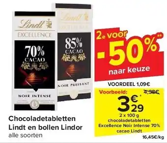 Carrefour Chocoladetabletten lindt en bollen lindor aanbieding