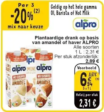 Plantaardige drank op basis van amandel of haver alpro