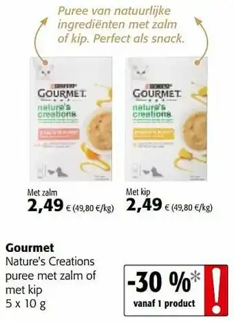 Colruyt Gourmet nature`s creations puree met zalm of met kip aanbieding