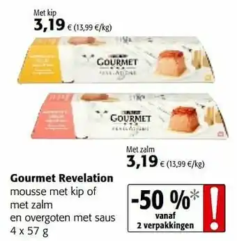 Colruyt Gourmet revelation mousse met kip of met zalm en overgoten met saus aanbieding
