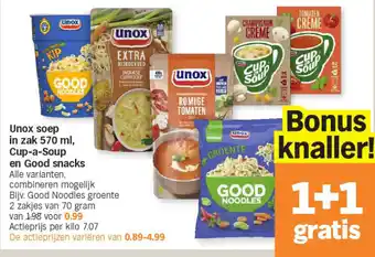 Albert Heijn Unox soep in zak 570 ml, cup-a-soup en good snacks aanbieding