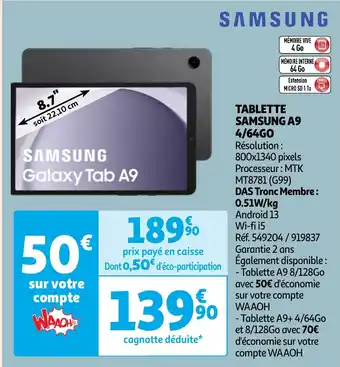 Auchan TABLETTE SAMSUNG A9 4/64GO aanbieding