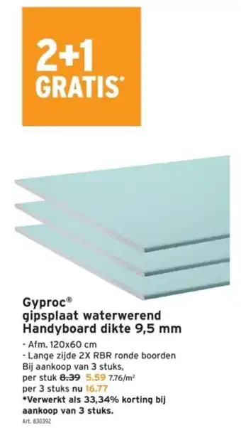 GAMMA Gyproc gipsplaat waterwerend Handyboard dikte 9,5 mm per m² aanbieding