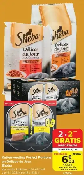 Carrefour Kattenvoeding perfect portions en délices du jour sheba aanbieding