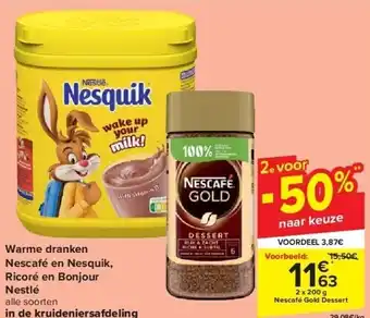 Carrefour Warme dranken nescafé en nesquik, ricoré en bonjour nestlé aanbieding