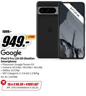 MediaMarkt Google pixel 8 pro 128 gb obsidian smartphone aanbieding