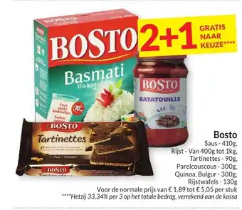 Bosto Saus-410g, Rijst - Van 400g tot 1kg, Tartinettes - 90g, Parelcouscous-300g, Quinoa, Bulgur - 300g, Rijstwafels - 130g