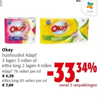 Colruyt Okay huishoudrol Adapt' 3 lagen 3 rollen of extra long 2 lagen 4 rollen aanbieding