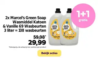 Plein.nl 2x Marcel's Green Soap Wasmiddel Katoen & Vanille 69 Wasbeurten 3 liter = 138 wasbeurten aanbieding