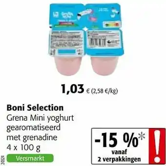 Colruyt Boni selection grena mini yoghurt gearomatiseerd met grenadine aanbieding
