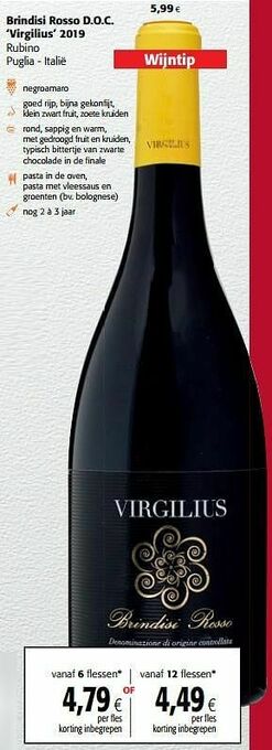 Colruyt Brindisi rosso d.o.c. virgilius 2019 rubino puglia - italië aanbieding