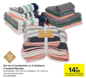 Carrefour Set van 2 handdoeken en 2 badlakens in badstof Massilia aanbieding